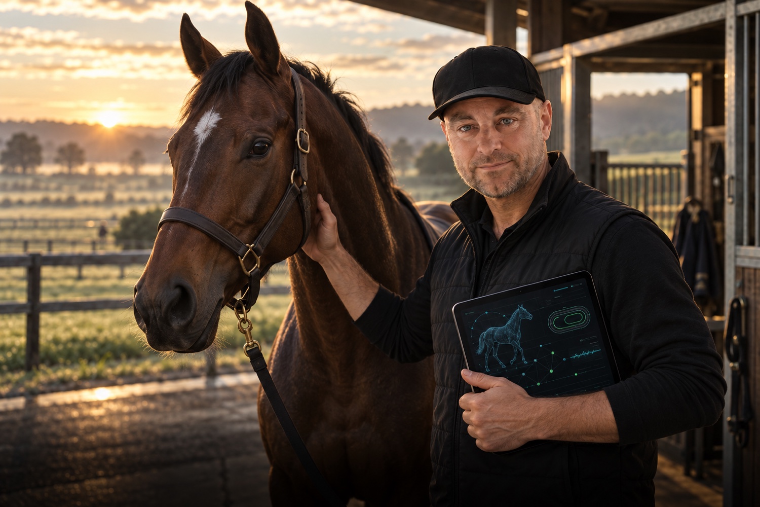 Jesse Ball with a thoroughbred and racing intelligence technology
