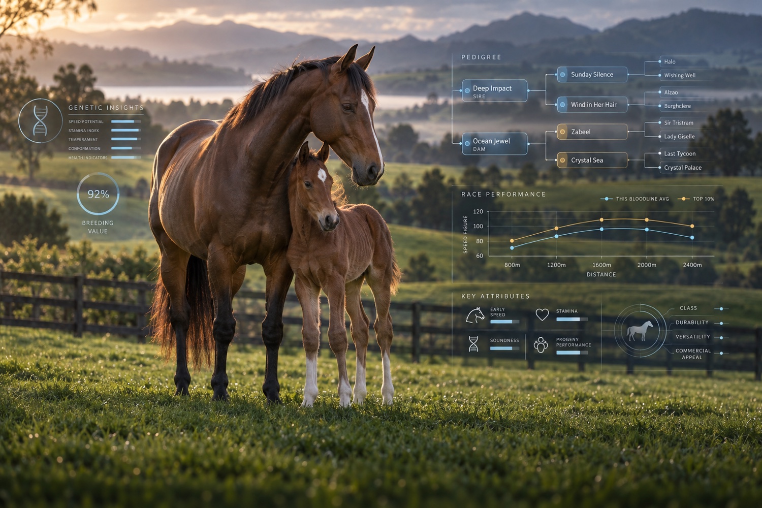 Thoroughbred mare and foal with LineForge racing and breeding intelligence overlays